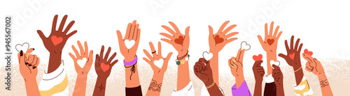 Hands holding hearts together, World Humanitarian Day banner. Volunteers, NGO crowd for charitable aid, help, charity, donation and support. Flat vector illustration isolated on white background