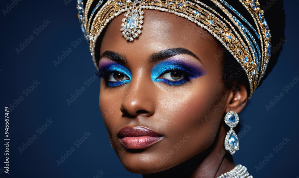 A woman with bold blue eyeshadow and a jeweled headdress looks directly at the camera A woman with bold blue eyeshadow and a jeweled headdress looks directly at the camera