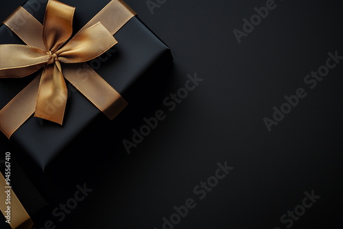 Stylish gift box with golden ribbon and bow on a dark background. Black Friday and Boxing Day sale concept with copy space. Gift for Christmas, birthday and holidays, St Valentine.