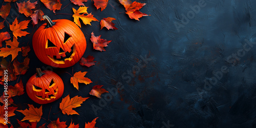 Fall-themed background with pumpkins and colorful leaves