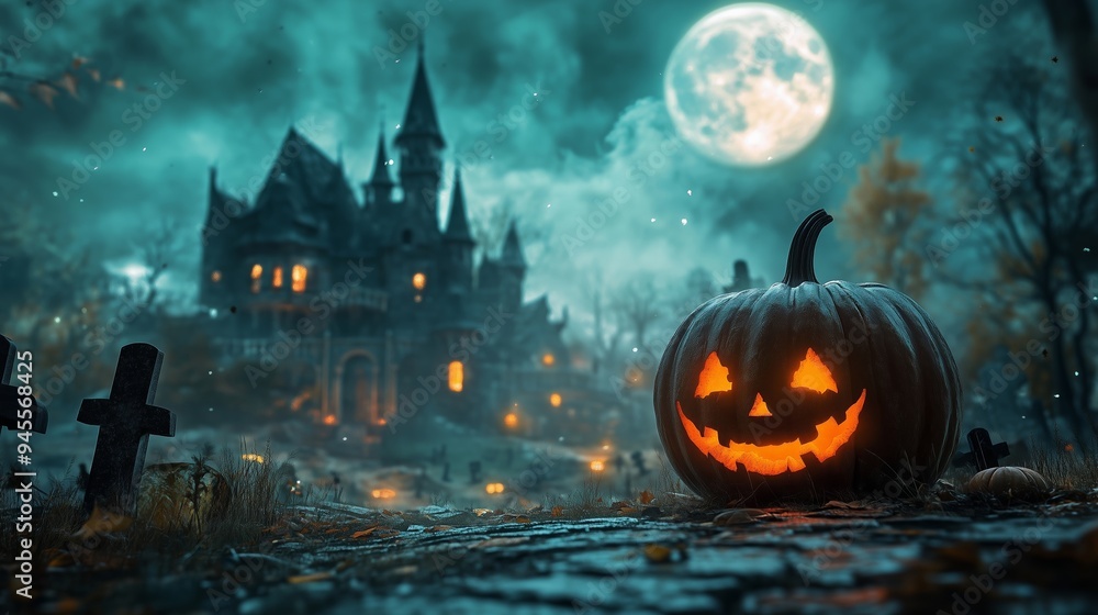 A Spooky Halloween Scene with Glowing Pumpkin and Castle A Spooky Halloween Scene with Glowing Pumpkin and Castle