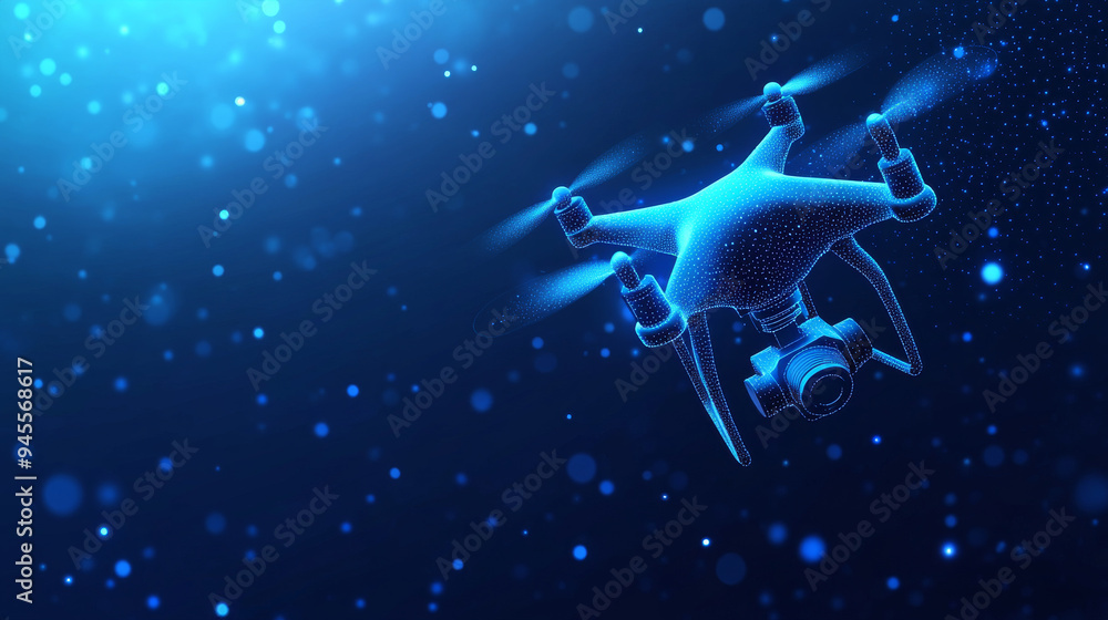 3D digital vector illustration of a drone equipped with a camera in a dark blue setting. Represents drone videography, aerial photography, and modern technology. The abstract low poly quadcopter. 3D digital vector illustration of a drone equipped with a camera in a dark blue setting. Represents drone videography, aerial photography, and modern technology. The abstract low poly quadcopter.