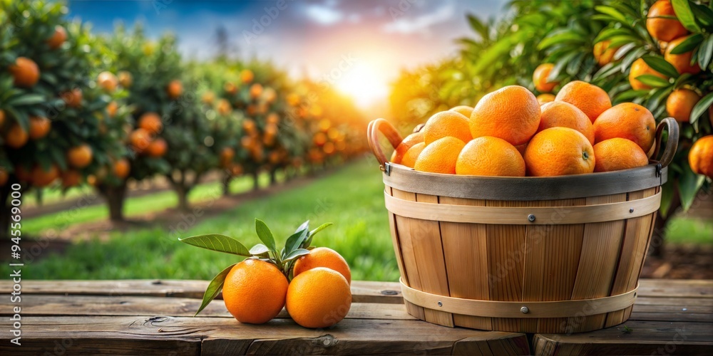 Create Fresh oranges in wooden basket with orange plantation background. Create Fresh oranges in wooden basket with orange plantation background.