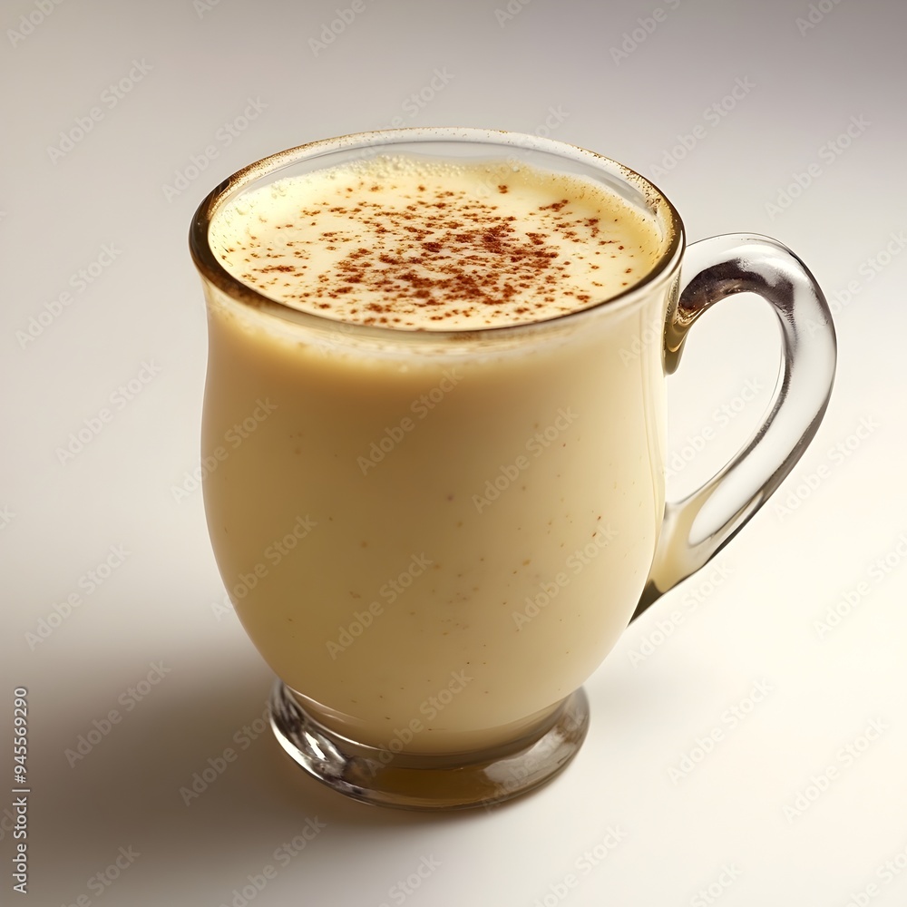 Festive holiday eggnog drink served in an elegant glass on a plain surface The creamy smooth eggnog is garnished with a sprinkle of nutmeg creating a cozy Festive holiday eggnog drink served in an elegant glass on a plain surface The creamy smooth eggnog is garnished with a sprinkle of nutmeg creating a cozy