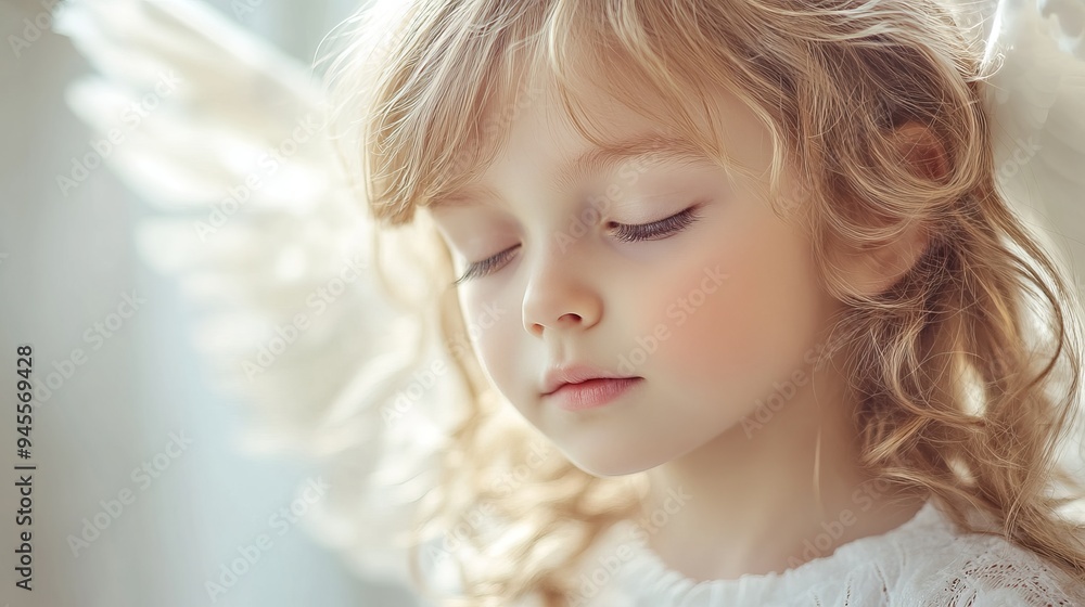 Young child with angelic wings gazes thoughtfully in soft light Young child with angelic wings gazes thoughtfully in soft light