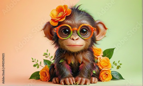 Adorable Monkey with Orange Glasses and Flower