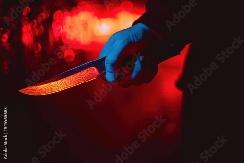 Man Holding A Knife Under Neon Lights Close-up of a man holding a knife under neon lights.