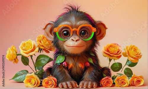 Adorable Monkey with Orange Glasses and Flower
