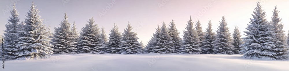 Fototapeta premium Pine trees covered in snow, a pale pink sky, a panoramic view