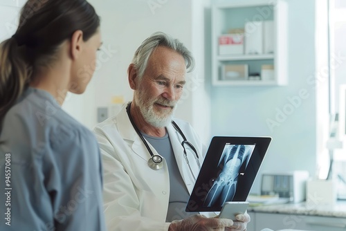 Orthopedic surgeon uses x-ray displayed on tablet to help patient The mid adult female orthopedic surgeon uses the x-ray displayed on the digital tablet to help the unrecognizable senior adult man und