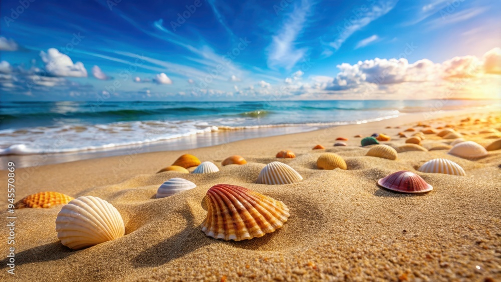Empty sand beach with shells, and gentle summer sea along the coastline , beach, sand, shells, coastline, summer, sea