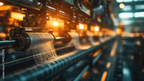 Close-up of textile machinery weaving fabrics in a clothing production factory