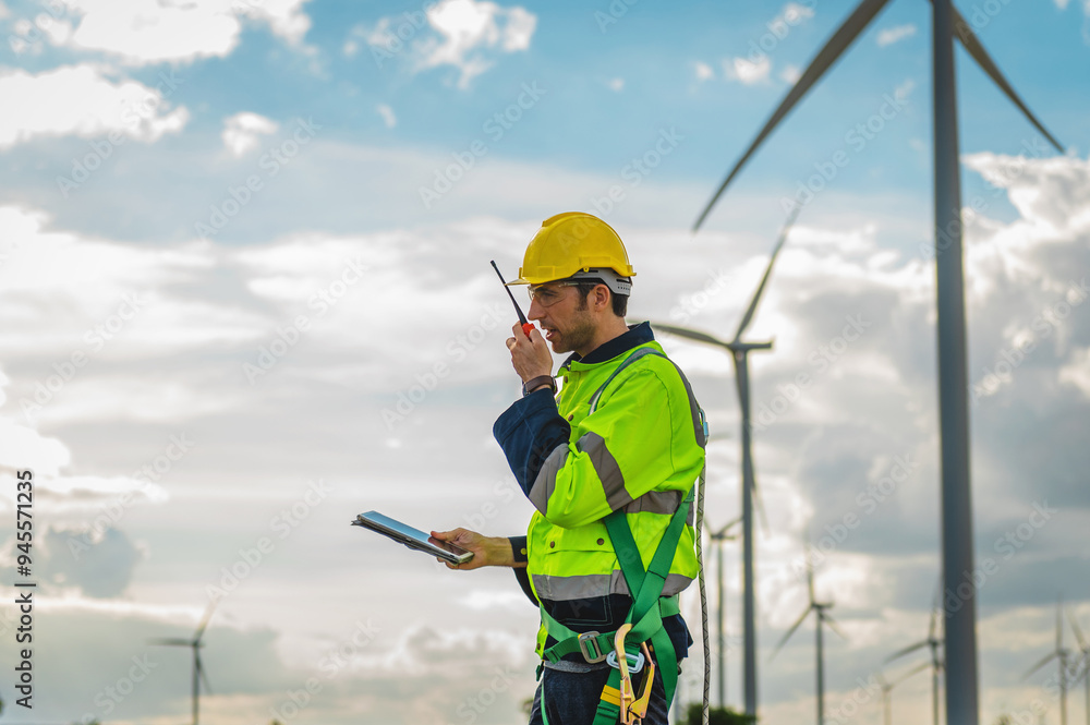 man in a yellow vest is talking on a walkie talkie while standing in front of man in a yellow vest is talking on a walkie talkie while standing in front of