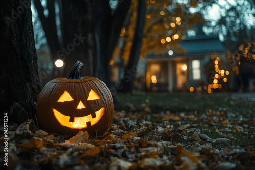 Halloween, a scary pumpkin lit up in the yard on a late fall evening, with a large tree and house with lights in the background