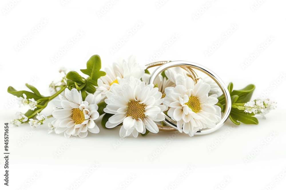Obraz premium A beautiful bouquet of white flowers accompanied by a wedding ring, perfect for romantic occasions or sentimental purposes