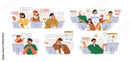 Customer support concept set. Call center work. Professional helpdesk, information service for communication with clients. Workers at computer. Flat vector illustration isolated on white background