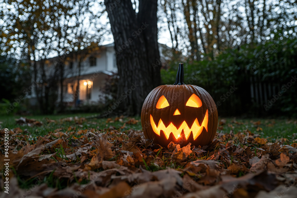 Halloween, a scary pumpkin lit up in the yard on a late fall evening, with a large tree and house with lights in the background