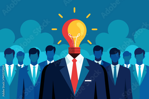 Be different, leadership individuality or unique candidate, courage or determination to success, freedom, stand out from other, freedom or creativity concept, businessman with bright lightbulb head.
