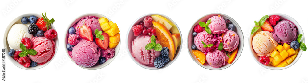 Top view of Fruity ice cream topping with fresh fruit and berries in bowl isolated on background, summer dessert refreshment. Top view of Fruity ice cream topping with fresh fruit and berries in bowl isolated on background, summer dessert refreshment.