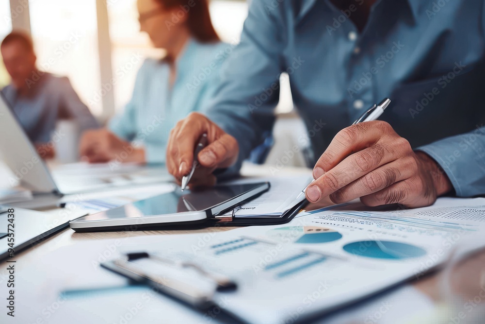 Checking financial figures during a meeting Cropped image of hand of young business man checking the financial figures during a meeting Checking financial figures during a meeting Cropped image of hand of young business man checking the financial figures during a meeting
