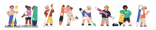Cute children students drawing, writing with big huge pens, pencils and markers. Happy little kids, boys and girls holding large stationery. Flat vector illustrations set isolated on white background