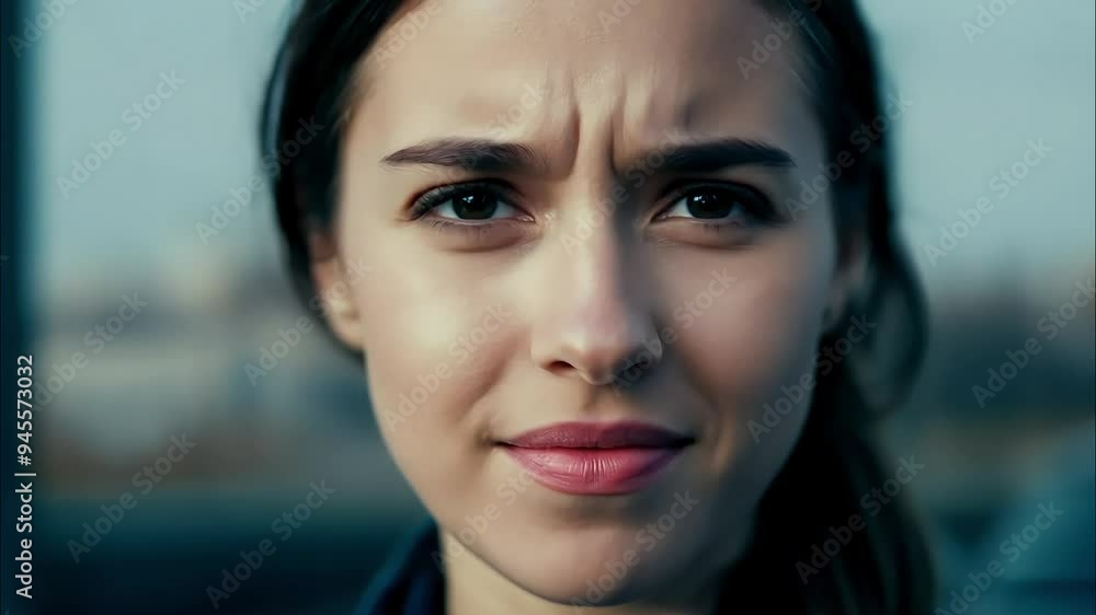 Close-up of a young woman with a serious expression and furrowed brows Close-up of a young woman with a serious expression and furrowed brows