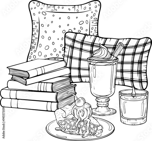 Home decor composition cozy autumn. Still life with pillows, books, coffee, candle, piece of pie. Vector illustration in hand drawn sketch doodle style. Line art isolated on white for coloring book