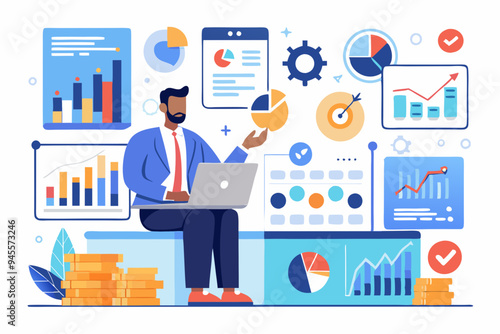 Analysis report research result, chart and diagram dashboard, financial graph statistics, analyze data, SEO or optimization concept, businessman with magnifying glass analyze research chart and graph.