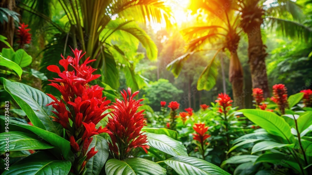 Tropical red flowers with green leaves in the vibrant jungle , lush, exotic, tropical, vibrant, colorful, nature Tropical red flowers with green leaves in the vibrant jungle , lush, exotic, tropical, vibrant, colorful, nature