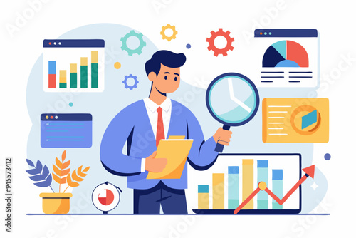 Analysis report research result, chart and diagram dashboard, financial graph statistics, analyze data, SEO or optimization concept, businessman with magnifying glass analyze research chart and graph.