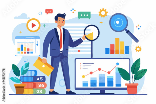 Analysis report research result, chart and diagram dashboard, financial graph statistics, analyze data, SEO or optimization concept, businessman with magnifying glass analyze research chart and graph.