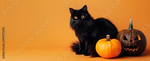 Un chat noir à poils longs, assis avec des citrouilles d'Halloween, sur un fond isolé orange, image avec espace pour texte. photo