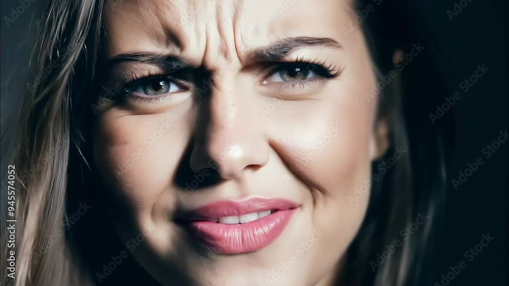 Close-up of a smiling woman with bright eyes and a happy expression changing to a confused and concerned expression Close-up of a smiling woman with bright eyes and a happy expression changing to a confused and concerned expression