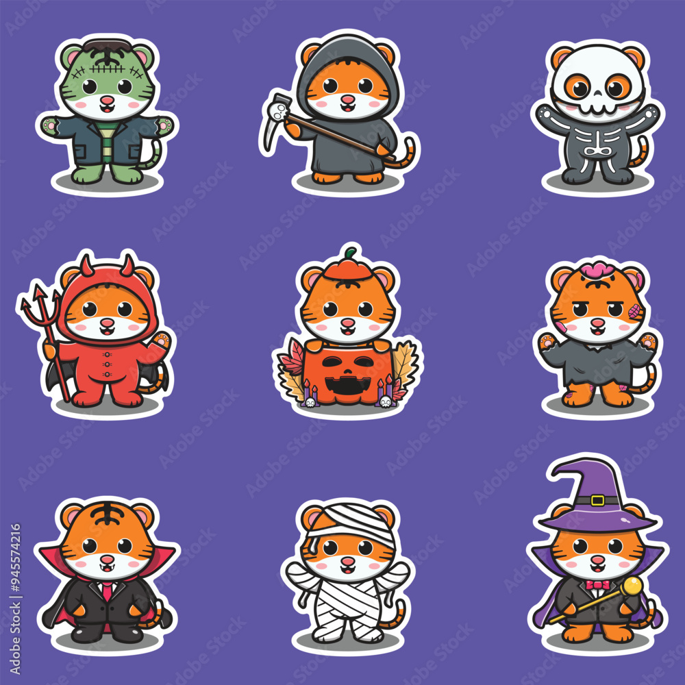 Illustration elements of group of Tiger in halloween costumes. Halloween funny Tiger . Stickers, illustration, banner, elements set Illustration elements of group of Tiger in halloween costumes. Halloween funny Tiger . Stickers, illustration, banner, elements set