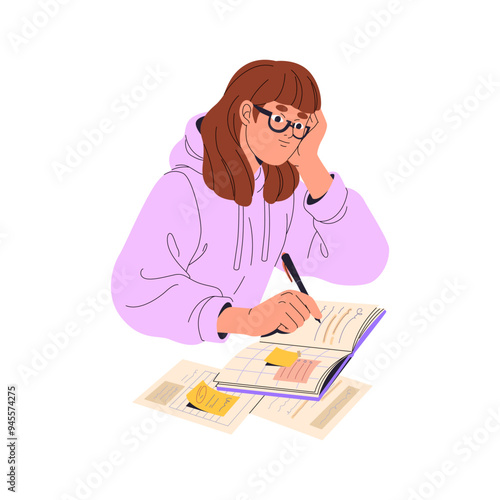 Clever girl in glasses does homework. Student reading book, takes notes, writes. Young woman studies, learning with textbook. School education. Flat isolated vector illustration on white background