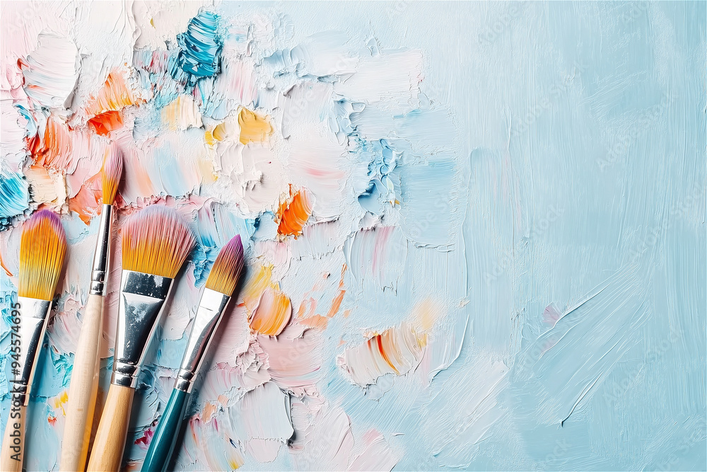Fototapeta premium Group of paint brushes are laying on a canvas covered in colorful oil paint, showing the creative process of an artist. Copy space