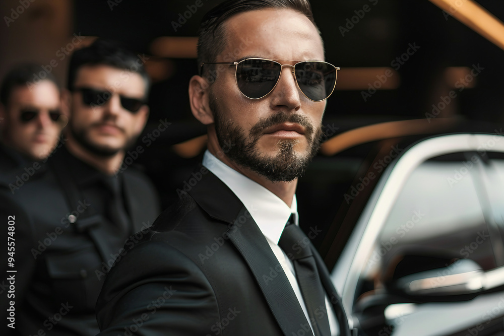Serious and ready professional bodyguards in suits generative AI technology Serious and ready professional bodyguards in suits generative AI technology