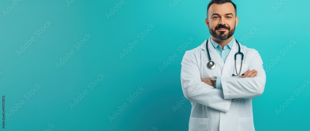 Portrait of a confident doctor in a white coat standing with arms crossed against a teal background.
Portrait of a confident doctor in a white coat standing with arms crossed against a teal background.