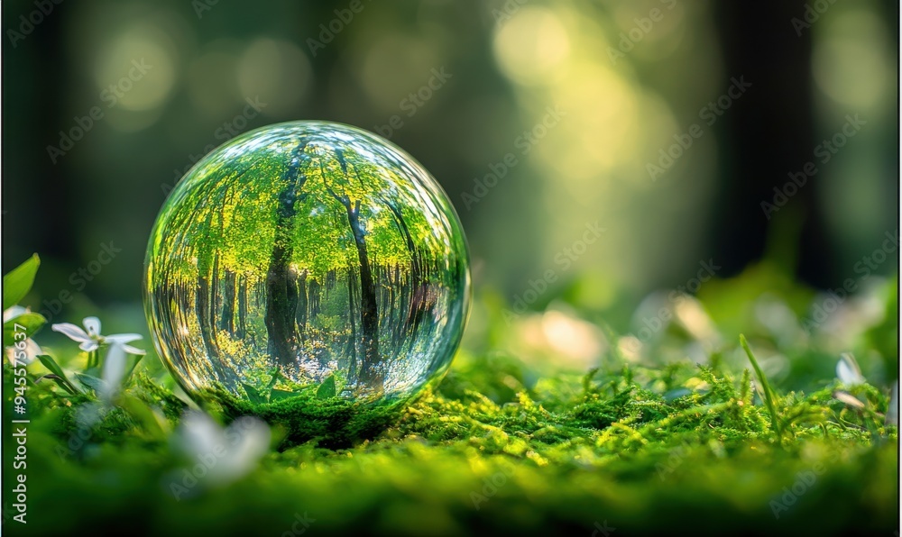 Glass sphere reflecting a lush green forest on a vibrant sunlit morning. Glass sphere reflecting a lush green forest on a vibrant sunlit morning.