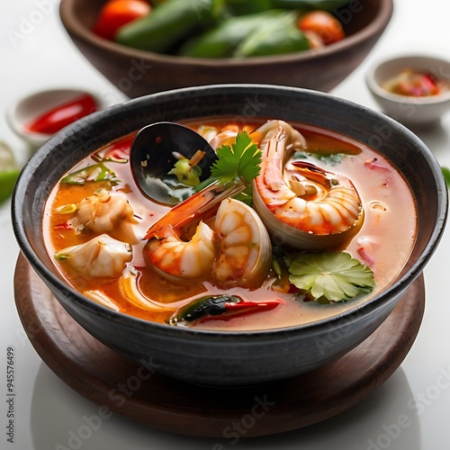 Delicious Thai Food Tom Yam Kung, Spicy soup with shrimps, mushrooms, lemon, coconut milk and chili