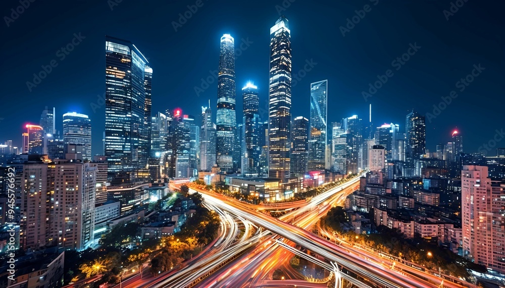 Obraz premium A Vibrant Metropolis Comes Alive Under the Glittering Veil of the Night