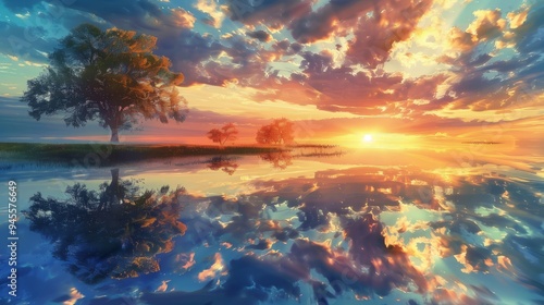 Sunrise with cloud and tree reflections on water