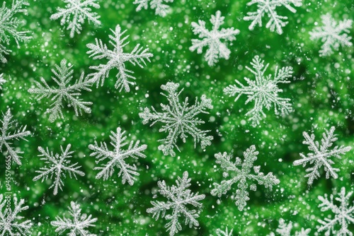 A green background with snowflakes falling on it. The snowflakes are white and scattered all over the background