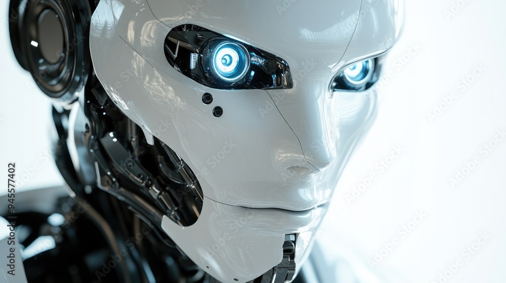 Close-up of a humanoid robot's face, focusing on artificial facial expressions Close-up of a humanoid robot's face, focusing on artificial facial expressions