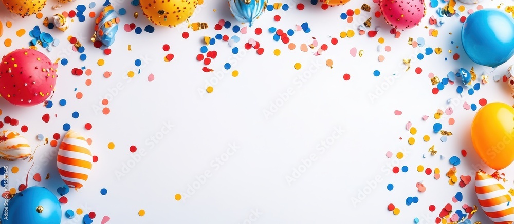 Colorful Party Background with Balloons and Confetti on White Surface Colorful Party Background with Balloons and Confetti on White Surface