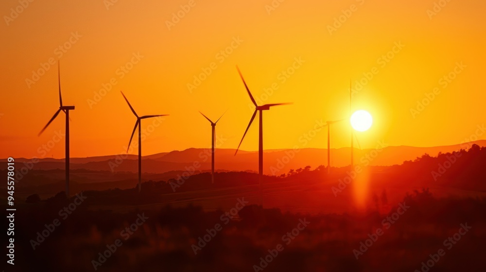 Obraz premium Wind turbine farm power generator in beautiful nature landscape for production of renewable green energy is friendly industry to environment. Concept of sustainable development technology
