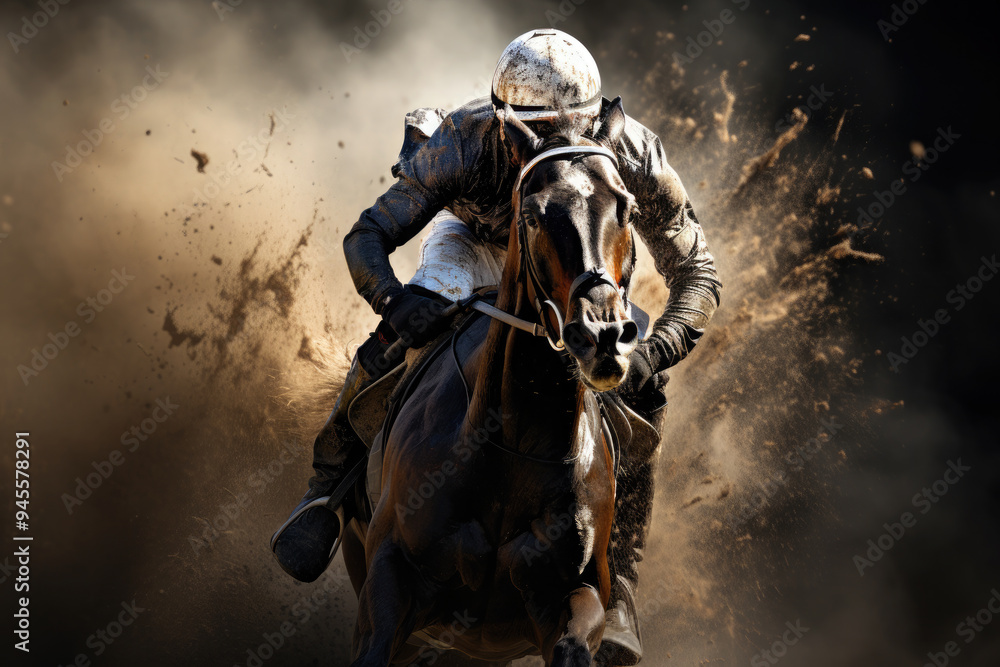 Jockey races fast on a horse, kicking up dust, aiming for the finish line, showcasing speed and strength in exciting equestrian competition. Melbourne Cup