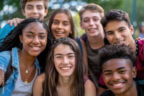 Friends Taking A Picture Together A multi-ethnic group of high school students are outdoors on a summer day. They are gathered together to take a selfie, and they are all smiling.