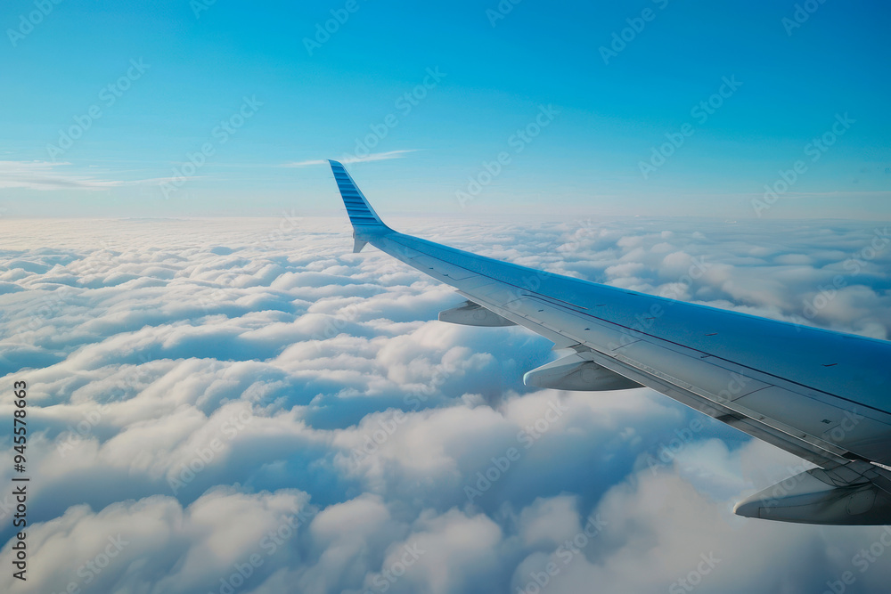 Aerial View of Airplane Wing Above the Clouds on a Clear Day Aerial View of Airplane Wing Above the Clouds on a Clear Day