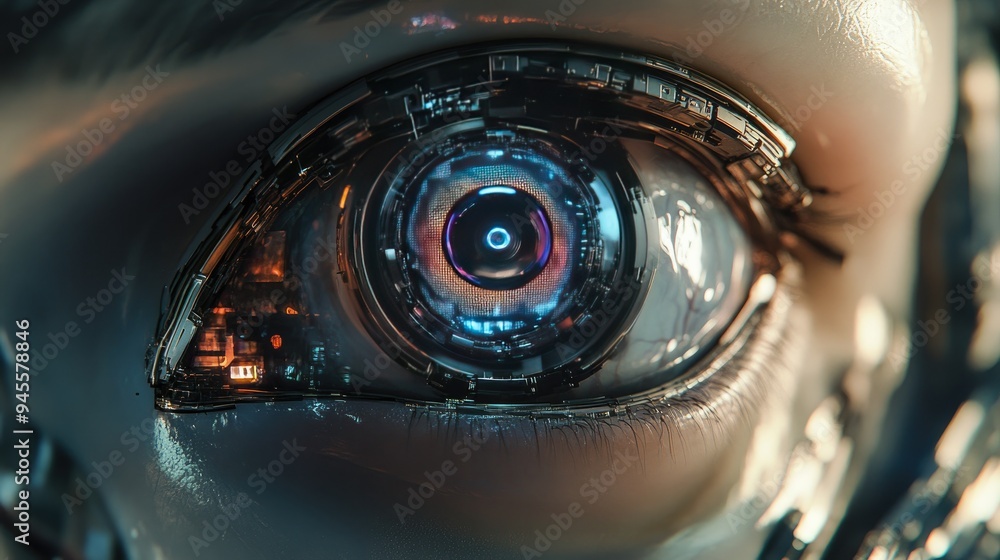 Close-up of a robotic eye with camera sensors, representing machine vision technology Close-up of a robotic eye with camera sensors, representing machine vision technology